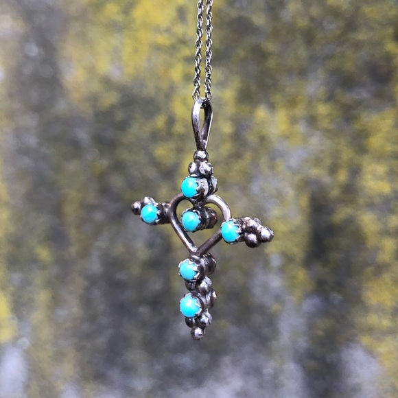 Vintage Red Coral / Turquoise Cross Necklace - Picture 2 of 8